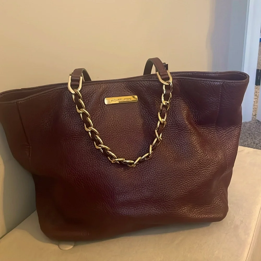 Michael Kors Burgundy Leather Tote with Gold Chain Handles